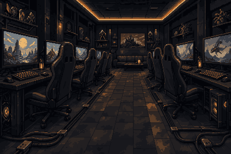 Looking down the aisle between two rows of gaming desks, monitors glowing on both sides