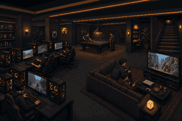 The lounge floor: rows of lit gaming PCs, a console lounge, a snooker table under a hanging lamp